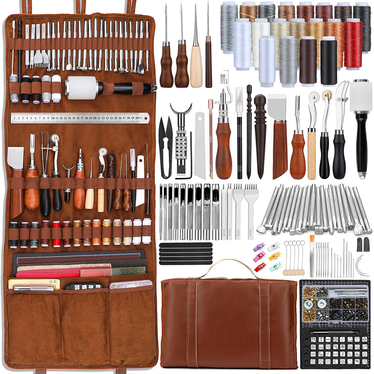 TLKKUE Leather Tooling Kit Leather Craft Tools Leatherworking Kit with Custom Handbag Cutting Mats Engraving Punching Sewing Stamping Sanding Tools for Handicraft Work Professional TLKKUE