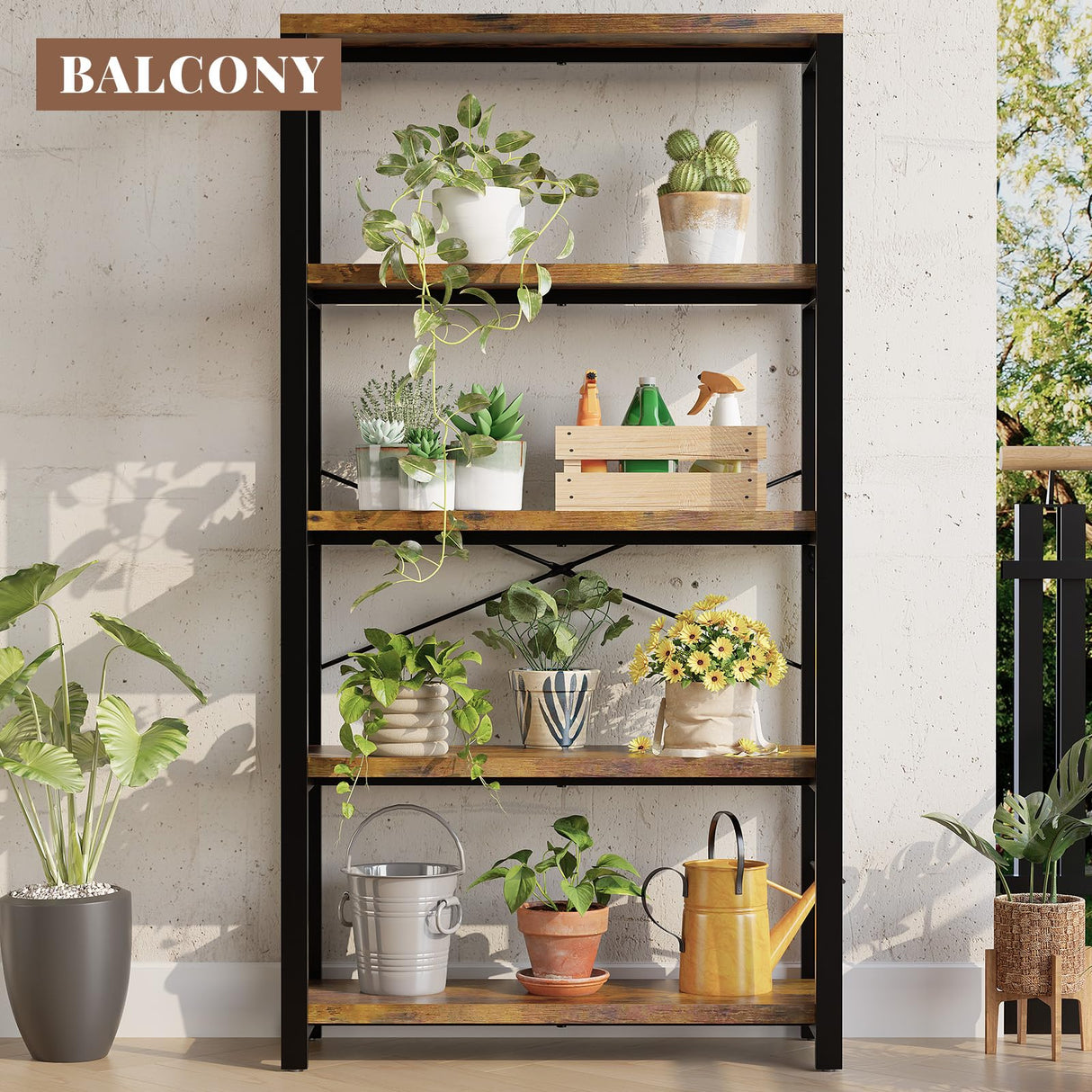 iabifo 5-Tier Adjustable Heavy Duty Bookshelf, Industrial Wooden Open Storage Rack with Black Metal Frame, Vintage Bookcase with Lock Wall Design, Rustic Brown iabifo