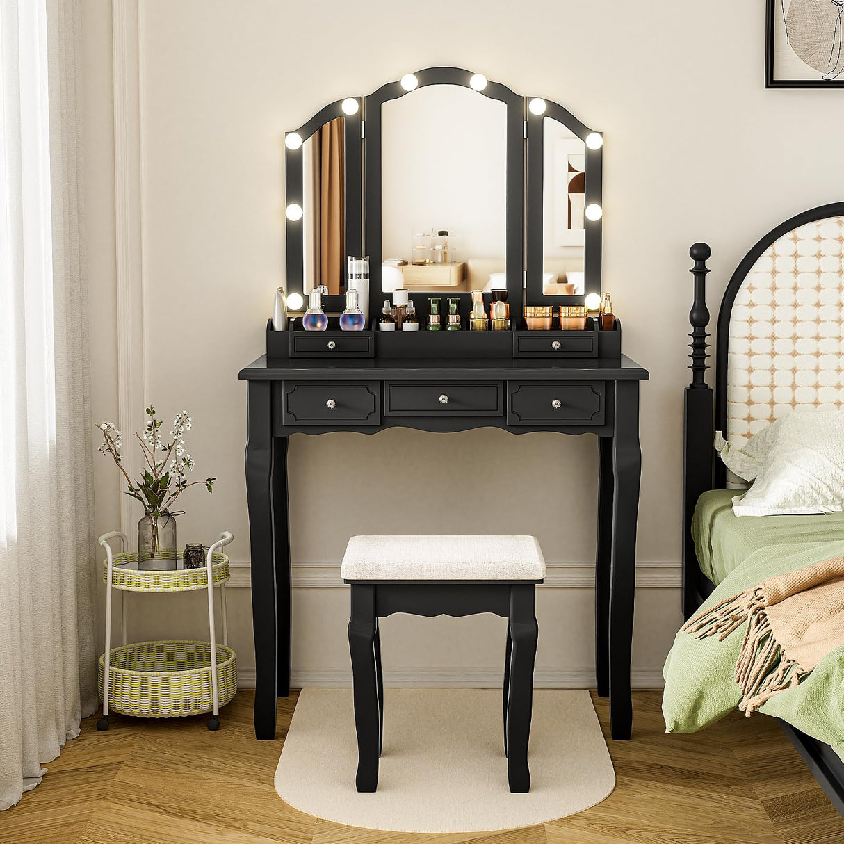 SAYMA Vanity Desk with LED Light and Mirrors, Makeup Table Set with 5 Sliding Drawers & 2 Shelves, 3 Color Lighting Modes and Soft Cushioned Stool for Bedroom, Bathroom (Black) SAYMA