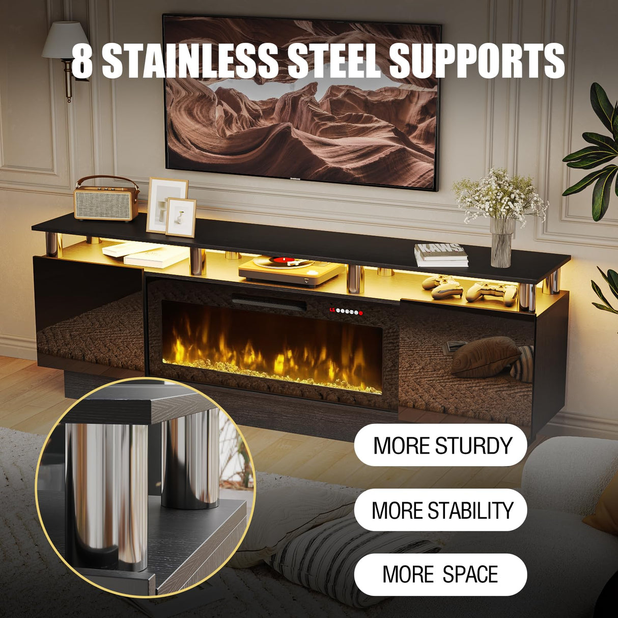 PRETZI 70" Modern Fireplace TV Stand with 36" Electric Fireplace for TVs Up to 80 inch, Luxury LED Light Entertainment Center with High Gloss Cabinet, TV Consoles for Living Room, Black PRETZI