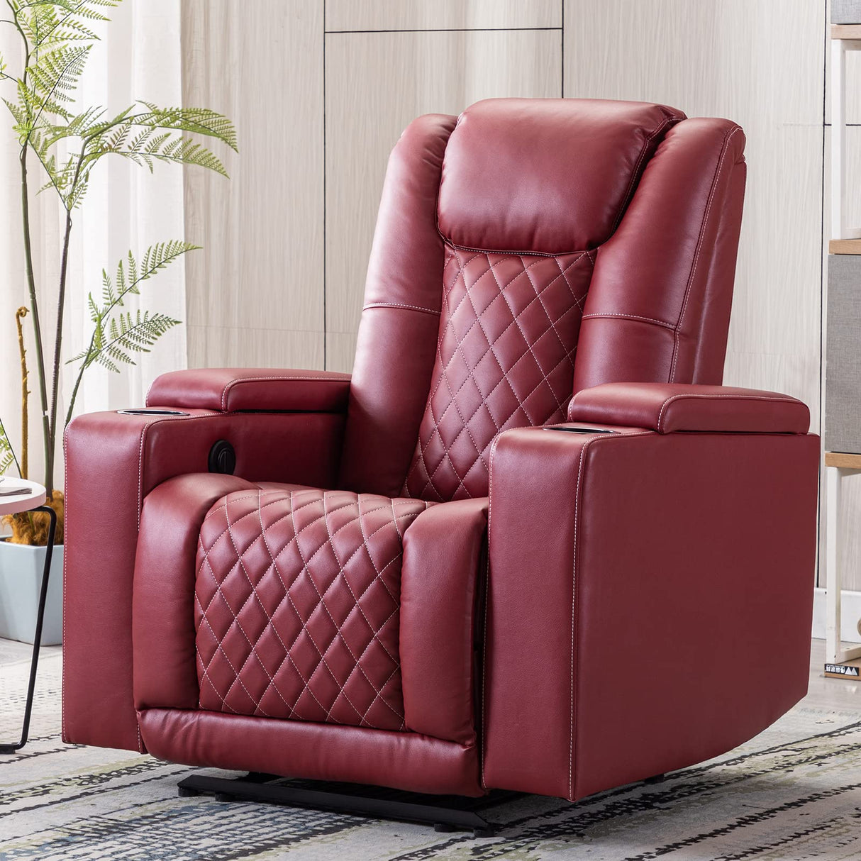 ANJ Electric Power Recliner Chair Soft Leather Reclining with USB Ports and Cup Holders, Red Home Theater Seating with Hidden Arm Storage Movie & Media Room Chairs ANJ