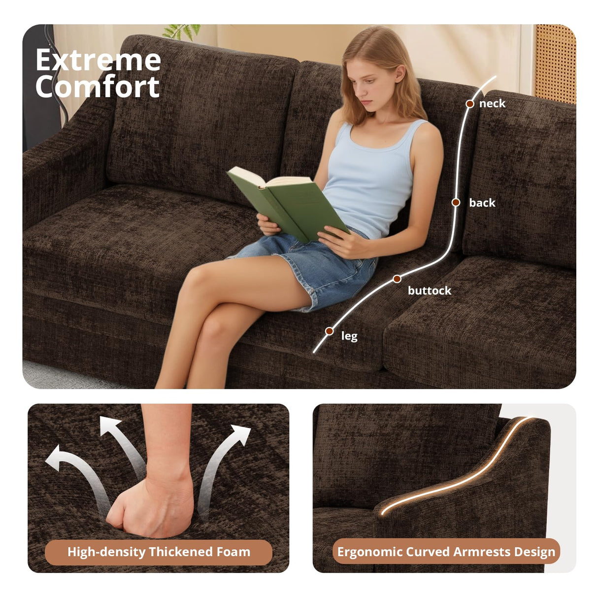 ACMEASE 2 Pieces Chenille Sofa Sets w/Comfortable Back Cushions, Modern Loveseat & Sofa w/Deep Seat Space, Upholstered 2 Seat & 3 Seats Couch Sets w/High Resiliency Foam for Living Room, Office Brown ACMEASE