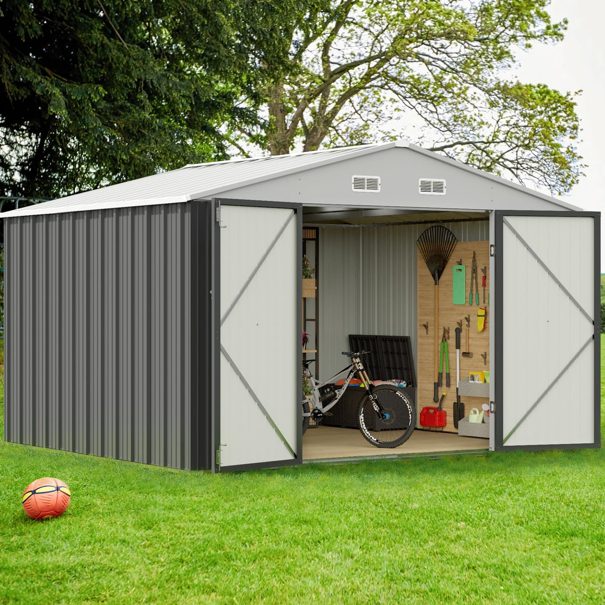 GUNJI 10 x 8 FT Shed Outdoor Storage Shed Metal Garden Shed with Lockable Door Outside Waterproof Tool Shed for Backyard, Patio, Lawn (Gray) GUNJI