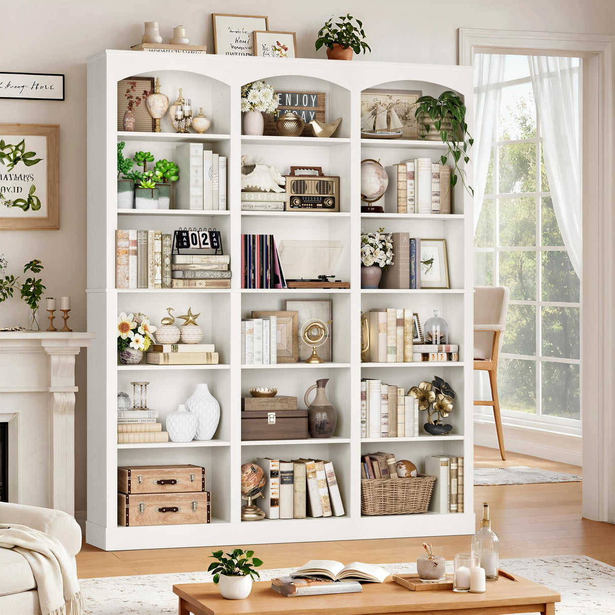 FACBOTALL 71" Triple Wide Bookshelf, 6 Tier Bookcase, Large White Bookshelf with Curved Baffle, 63.4" Wide Tall Bookcase with 18 Open Display Shelves for Living Room, Study, White FACBOTALL