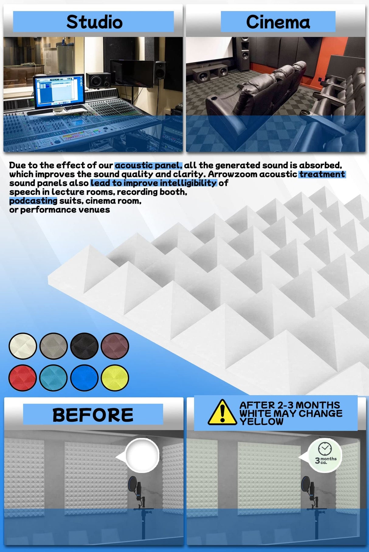 Arrowzoom New 12 Pieces 10x10x2inch Soundproofing Insulation Pyramid Acoustic Wall Foam Padding Studio Foam Tiles AZ1034 Pearl White Arrowzoom