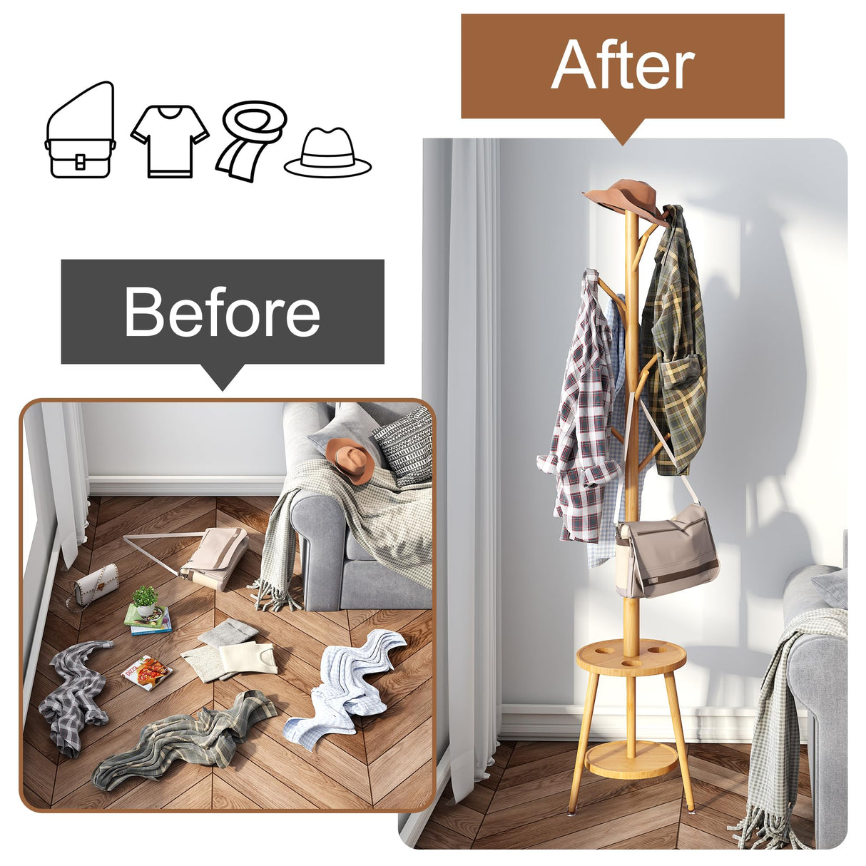 FILWH Freestanding Coat Rack with Umbrella Organizer Tray Bamboo Coat Tree Rack with 8 Hook Stand for Clothes Bag Hats Entryway Hanger Stand(Nature) FILWH