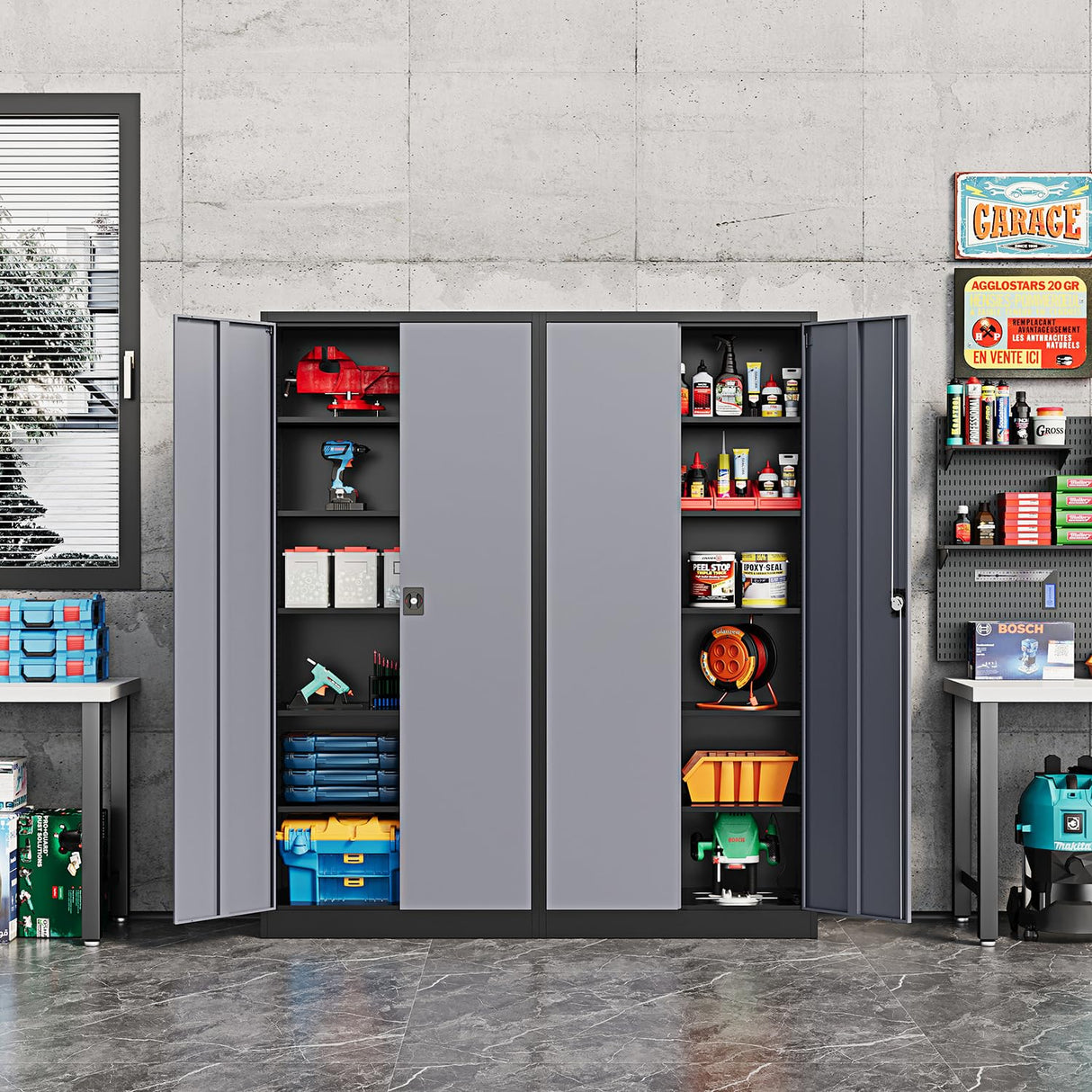 Fesbos Metal Storage Cabinet-72” Tall Steel File Cabinets with Lockable Doors and Adjustable Shelves-Black&Gray Steel Storage Cabinet for Kitchen, Office, Garage Fesbos