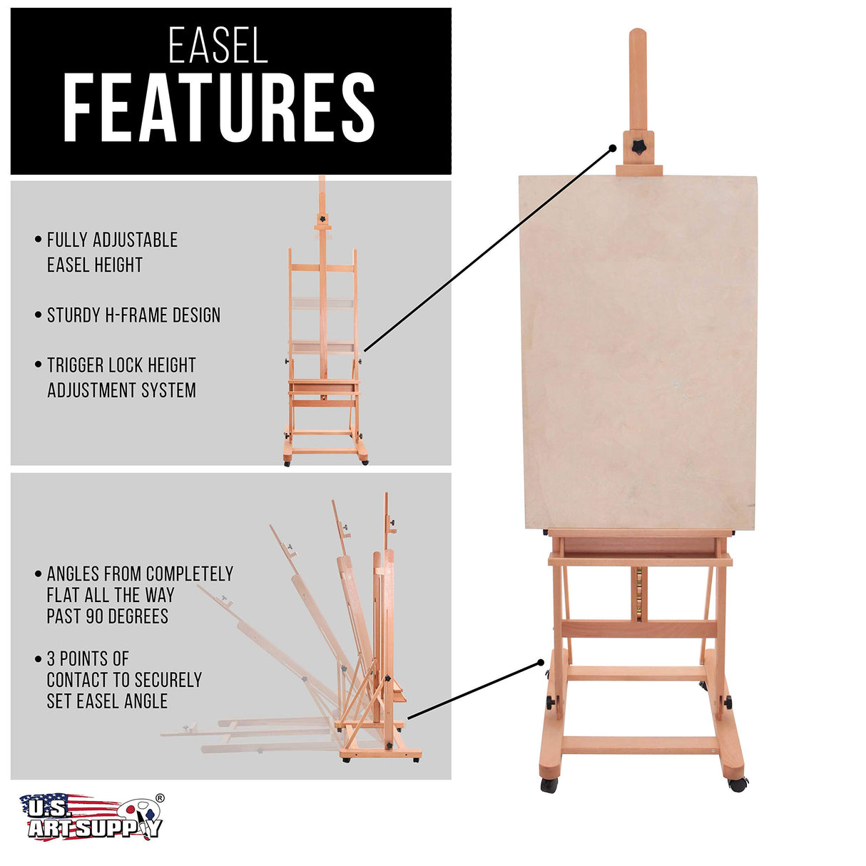 U.S. Art Supply Medium Wooden H-Frame Studio Easel with Artist Storage Tray and Wheels - Mast Adjustable to 96" High, Holds Canvas to 48" - Sturdy Beechwood Holder Floor Stand - Display Paintings U.S. Art Supply