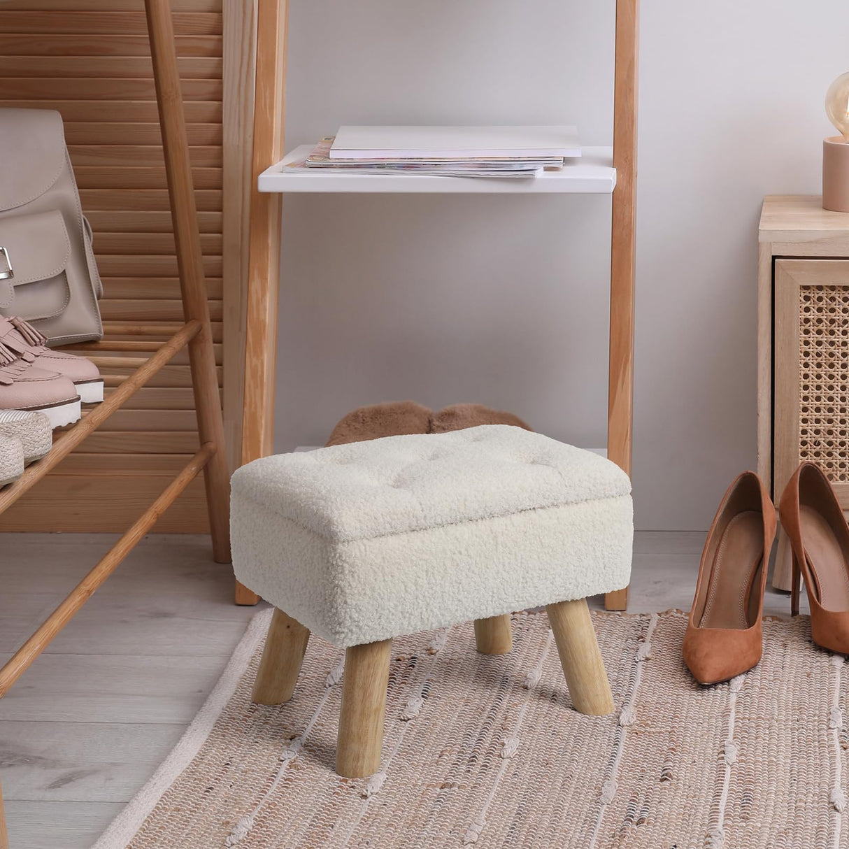 OGEMXU Ottoman Foot Rest, White Teddy Foot Stool with Storage for Dorm, Small Foot Stools with Wood Legs, Rectangular Foot Rest for Chair, Living Room, Couch, Bedroom (Cream) OGEMXU