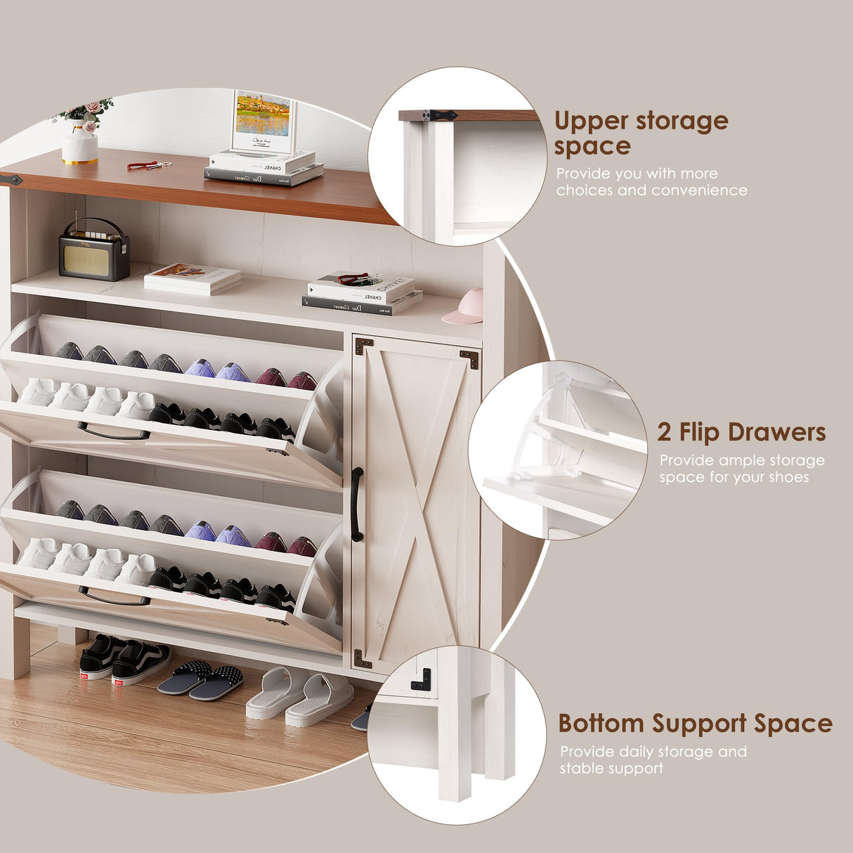 BEWISHOME Shoe Cabinet with 2 Flip Drawers & Adjustable Side Cabinet,Freestanding Shoe Storage Cabinet with Lights, Narrow Entryway Storage for Hallway Living Room Farmhouse,White, KXG03W BEWISHOME