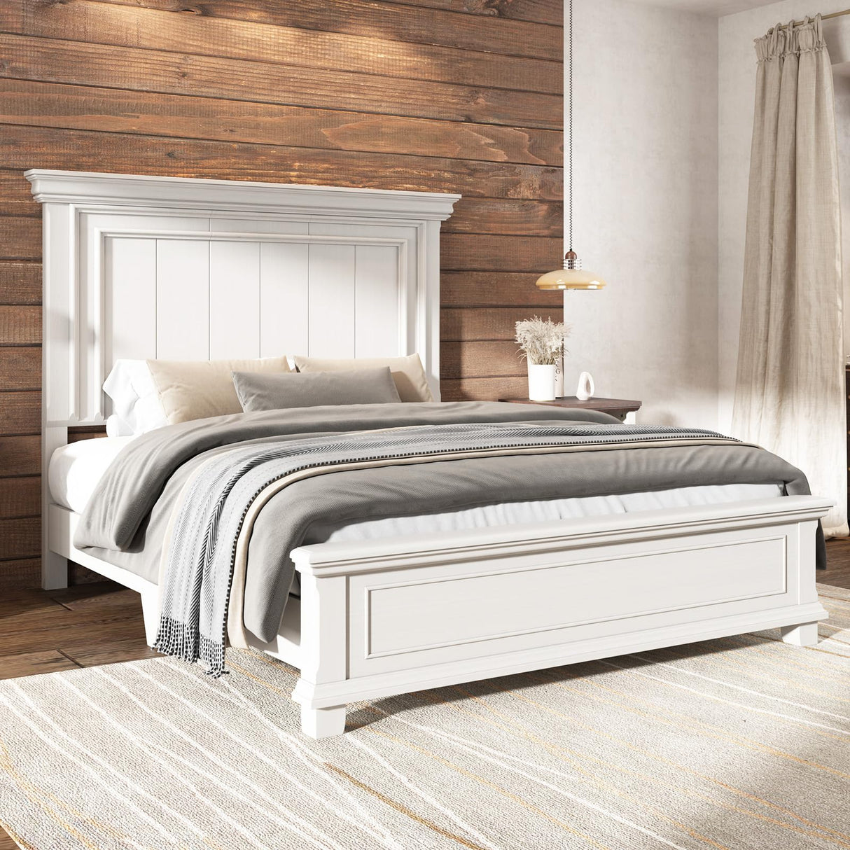 AMERLIFE Queen Size Solid Wood Platform Bed Frame, 62" Tall Farmhouse Headboard, Distressed White Finish, Noise-Reduction Design, Easy Assembly, No Box Spring Needed AMERLIFE