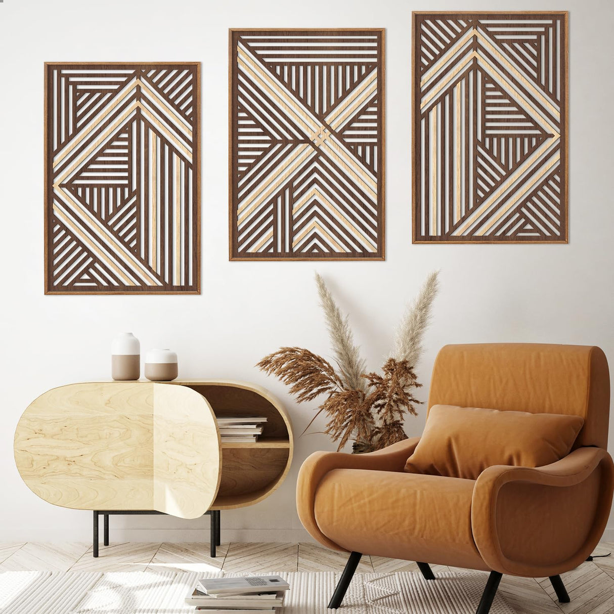 CHDITB Boho Geometric Wood Wall Art(Set of 3, 16"x24"), Large Modern Wooden Panel Hollow Line Art Decor, Rustic Abstract Minimalist Wall Hanging Artwork for Bedroom Living Room Office CHDITB
