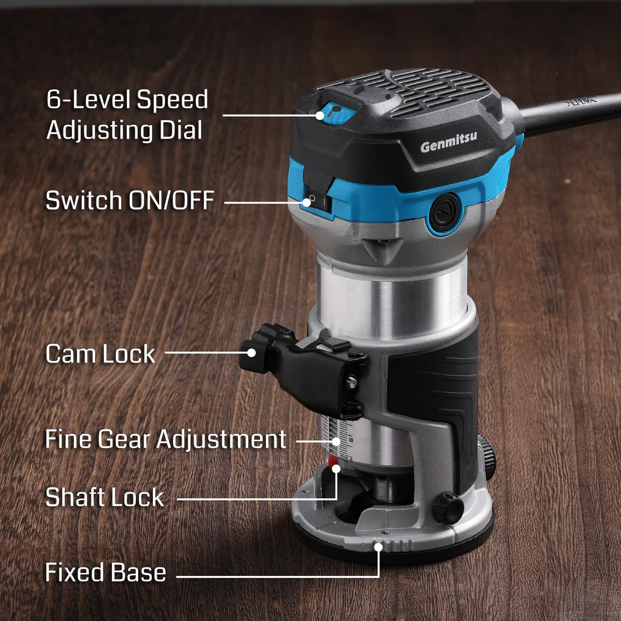 Genmitsu 1.25 HP 65mm Diameter Palm Trimmer Router, Compact Router Wood Tool With Fixed Base, 6 Variable Speeds 10000-30000 R/MIN, with 1/4“ Collet, Perfect for CNC Woodworking & DIY Project Genmitsu