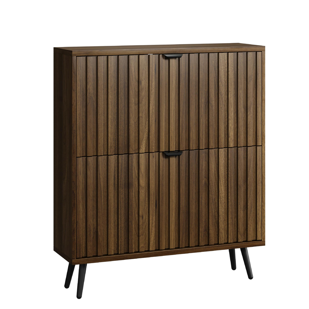 Smuxee Shoe Cabinet with 2 Flip Drawers, 31.5" Walnut Hidden Shoe Storage Cabinet with Fluted Design, Freestanding Shoe Organizer Cabinet for Entryway, Hallway, Closet, Living Room Smuxee