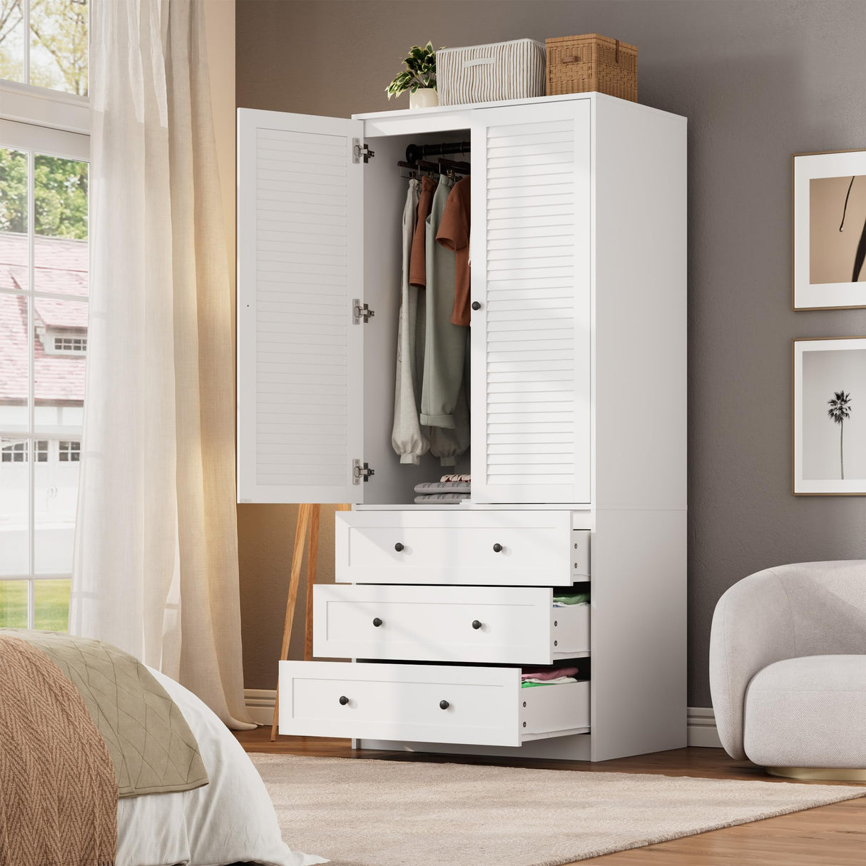Senfot Armoire Wardrobe Closet with 3 Drawers and 2 Doors, Modern Wooden Wardrobe Cabinets for Hanging Clothes, Tall Standing Bedroom Armoires, Heavy Duty, White Senfot