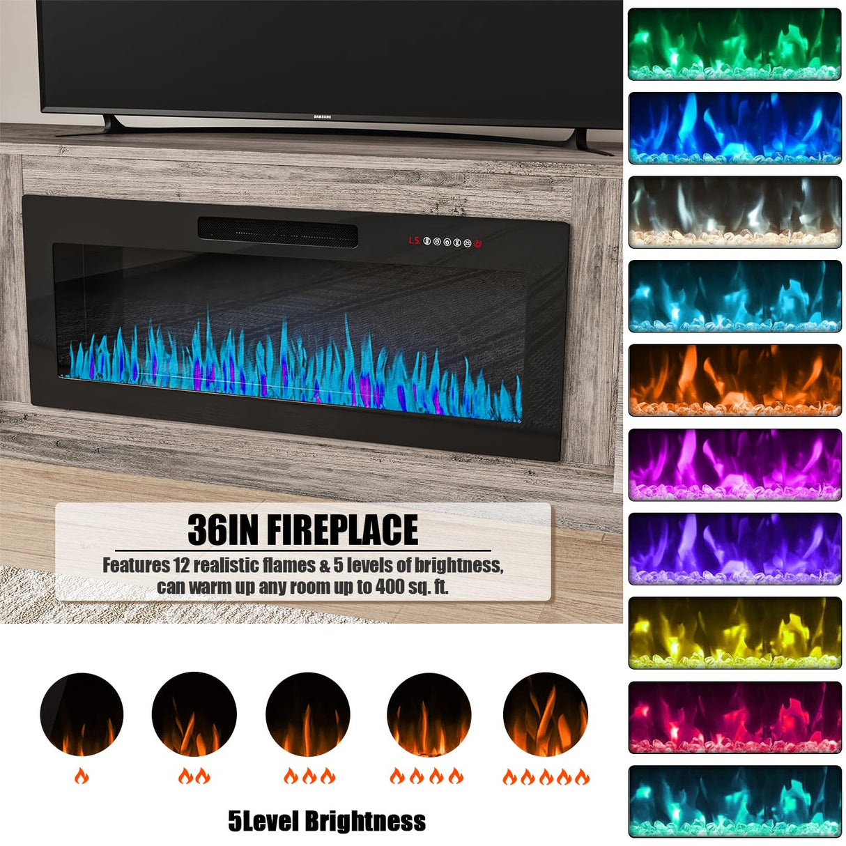 VITESSE TV Stand with 36" inch Electric Fireplace Up to 90" TVs, LED Light Entertainment Center, 80" Modern Wood High Gloss Fireplace with Highlight Storage Cabinet for Living Room (Grey) VITESSE