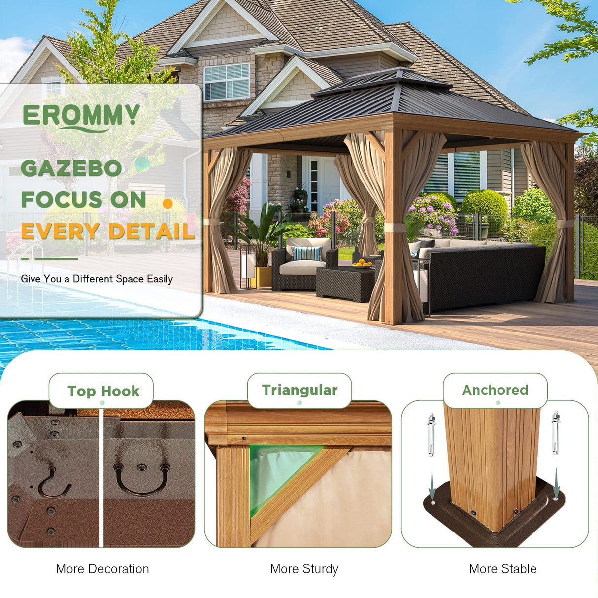 EROMMY 10' x 12' Gazebo, Wooden Finish Coated Aluminum Frame Canopy with Double Galvanized Steel Hardtop Roof, Outdoor Permanent Metal Pavilion with EROMMY