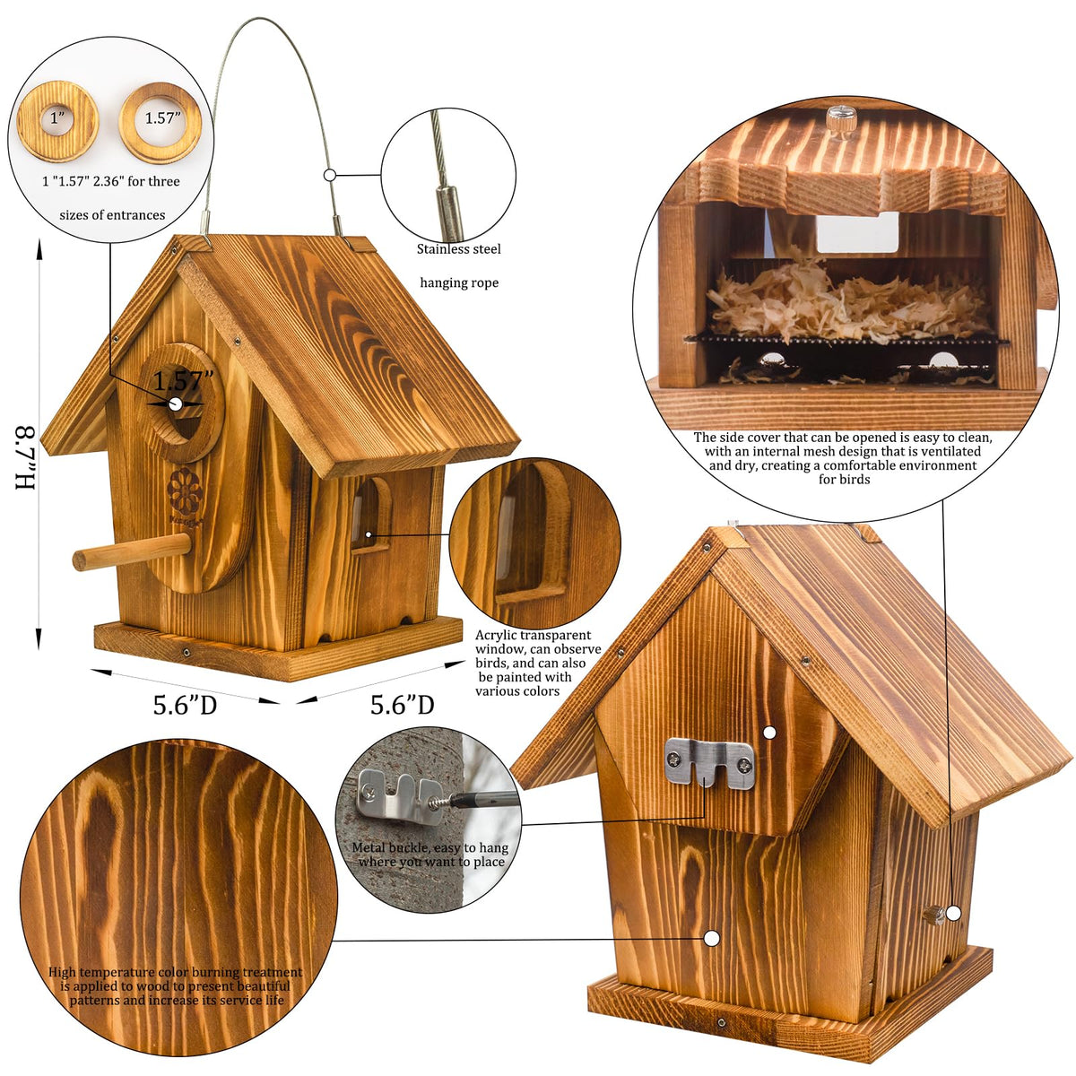 Bird Houses for Outside,DIY Kit for Adults & Kids,Solid Mortise & Tenon Structure,Carbonized for Durability and Aesthetic Appeal,Easy to Clearance,Paint Kit Included Koangle