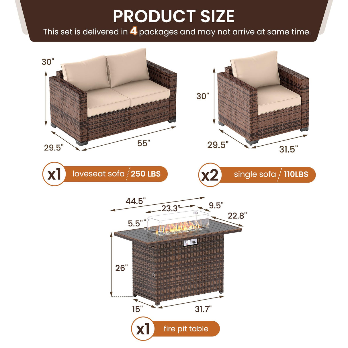 UDPATIO Patio Furniture Set with Fire Pit Table, 4 Pieces Outdoor Furniture Sets, Wicker Rattan Patio Conversation Sets with Outdoor Sofa Waterproof Covers for Porch Deck Backyard, Khaki UDPATIO