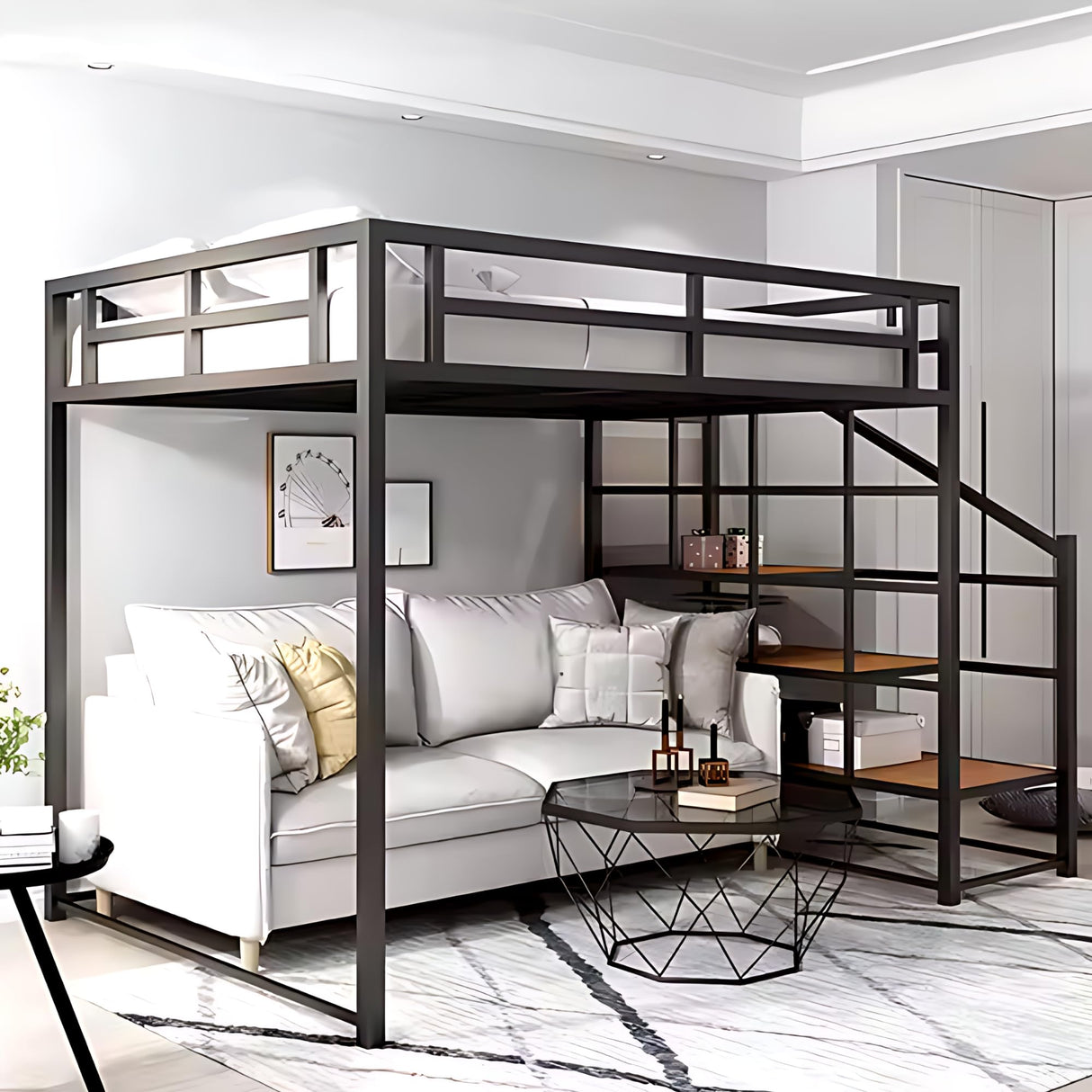 Dreame. Modern LoftPro Twin XL Metal Loft Bed Frame with Storage Shelves & Stairs, Space-Saving Design, Black Finish Dreame.