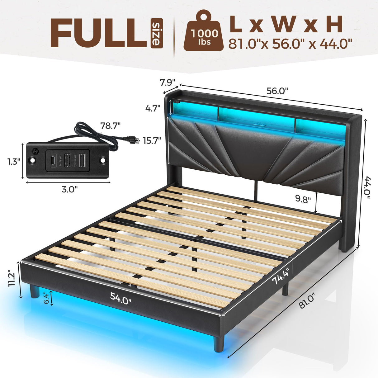 Rolanstar Full Size Bed Frame, Storage Headboard with Charging Station and LED Lights, Upholstered Bed with Heavy Duty Wood Slats, No Box Spring Needed, Noise Free, Easy Assembly, Black Rolanstar