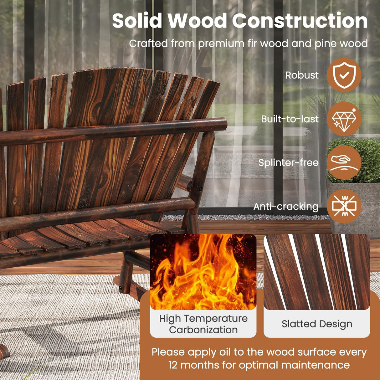 Giantex Outdoor Wooden Rocking Bench, 2-Person Adirondack Porch Rocker Chair with High Back and Slatted Seat, Rustic Log Loveseat for Front Porch Patio, Backyard, Garden, Brown, 51”x38”x46” Giantex