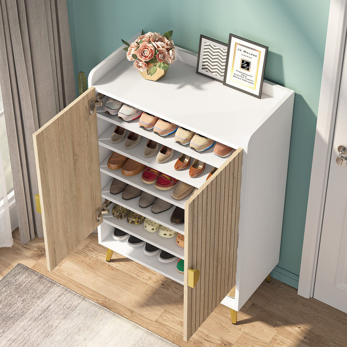 Tribesigns Shoe Cabinet with Doors, 7-Tier Shoe Storage Cabinet with Adjustable Shelves, Wooden Shoes Rack Shoe Storage Organizer for Entryway, Hallway, Closet, Living Room, Wood and Gold Tribesigns