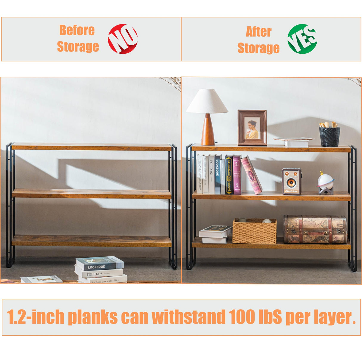 BCLOUDNEST Bookshelf, 3 Tier Horizontal Bookcase, Industrial Book Shelf for Living Room, Home Office, Kitchen, Rustic Brown BCLOUDNEST