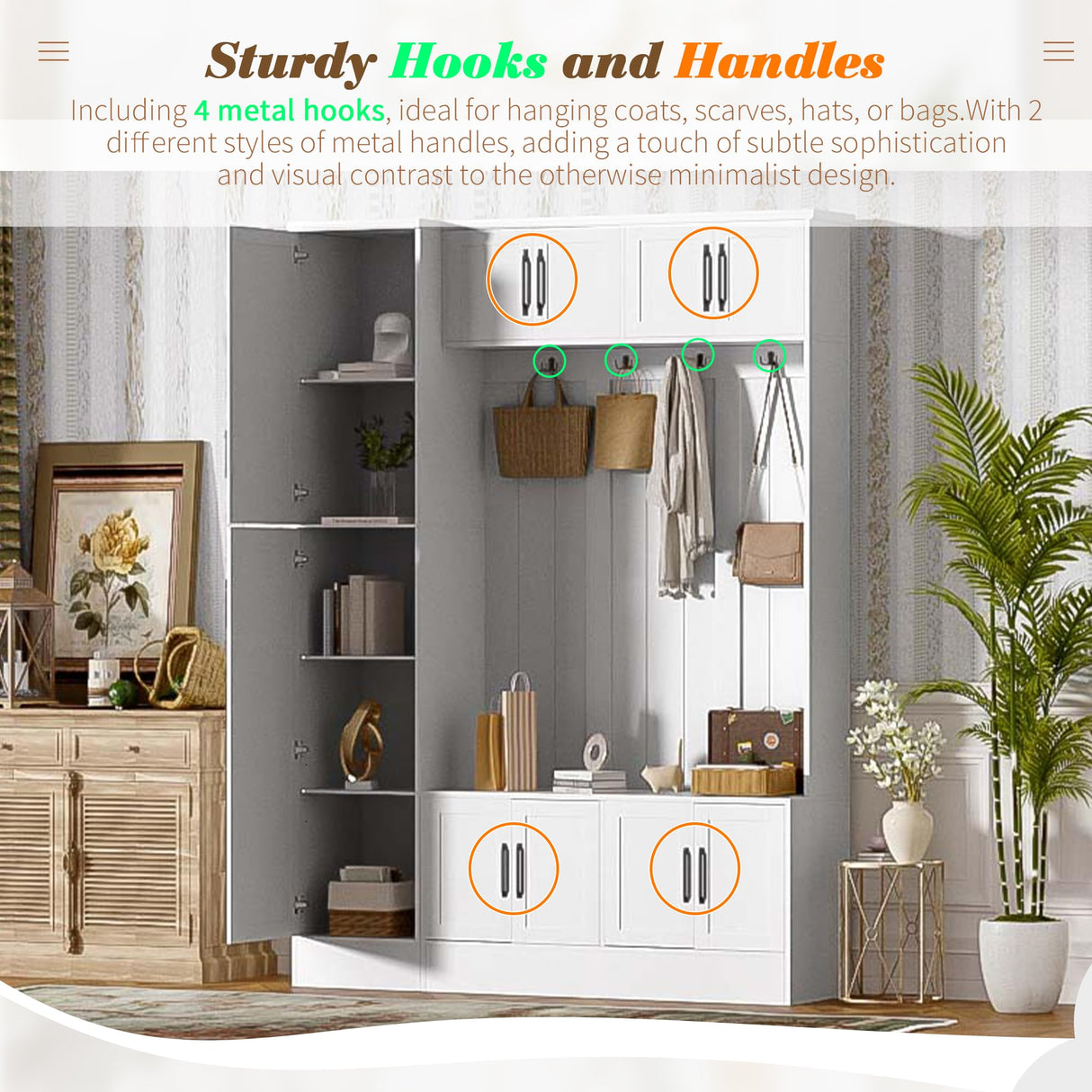 Merax Farmhouse Wood Hall Tree with Shoe Bench & 6 Cabinets, 4-in-1 Coat Rack with 4 Hooks & Adjustable Shelves, Entryway Storage Organizer Cabinet for Entrance, Hallway, Mudroom White Merax