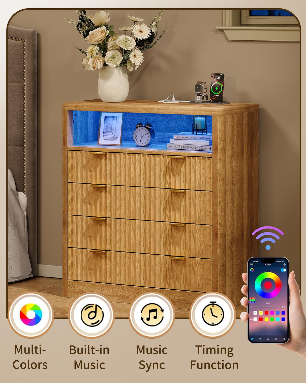 FUSOU Fluted Night Stand for Bedroom, Storage Organizer with 4 Drawers, Chest of Drawers with LED Light & Charging Station, Modern Farmhouse Dresser for Bedroom, Living Room, Hallway, Natural Oak FUSOU