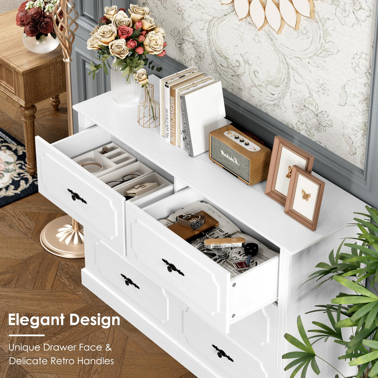 finetones White Dresser 6 Drawer, 47.2'' White Dresser Chest of Drawers, Farmhouse Wide Dresser White Chest of Drawers with Designed Drawer Surfaces, 6 Drawer Dresser Storage Organizer finetones