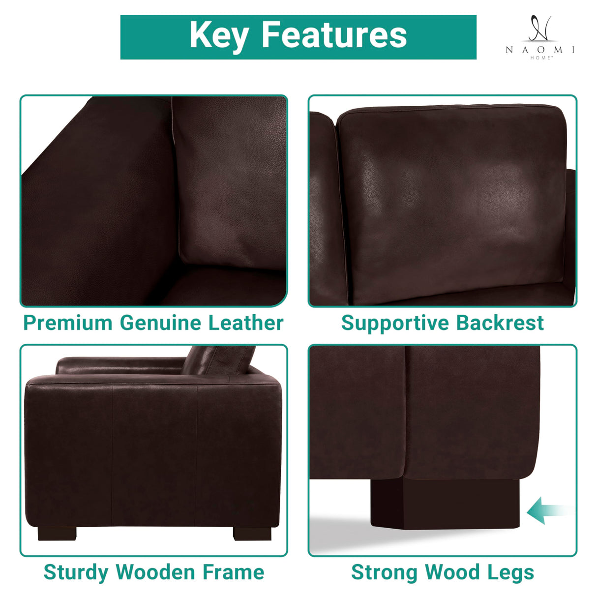 Naomi Home Freya Genuine Leather Sofa - Luxurious Comfort, Goose Feather Cushion Filling, Square Arm Design, Sturdy Block Legs, Elegant Espresso - Ideal for Living Room, Office, or Bedroom Naomi Home