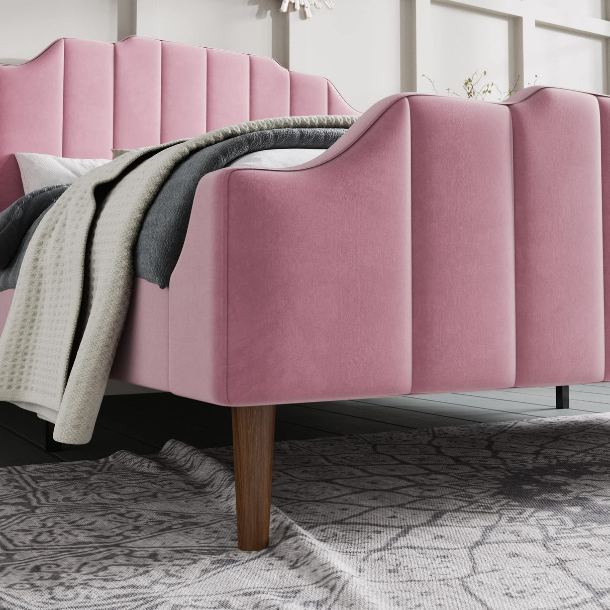 SHA CERLIN Upholstered Queen Size Bed Frame with Modern Curved Velvet Wingback Headboard, Heavy Duty Wood Platform Bed with Strong Wood Slat Support, No Box Spring Needed, Pink SHA CERLIN