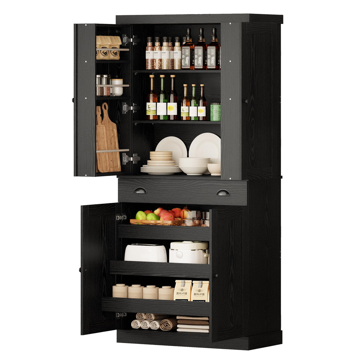 IRONCK Kitchen Pantry Cabinet 72" Height, Freestanding Cupboard with Drawer, Sliding Storage Rack, and 6 Hanging Shelves for Dining Room, Laundry, Living Room, Black IRONCK
