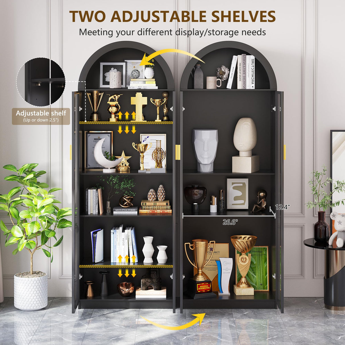 FREDEES Arch Display Cabinet with Doors, 76" Tall Display Case with Adjustable Shelves/3 Colors LED Lights, 6 Tier Bookcase for Collectibles Bedroom Living Room Office, Black FREDEES