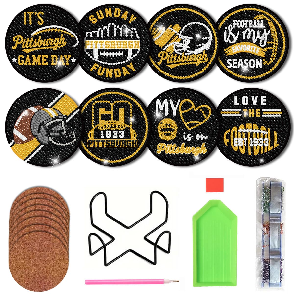 Bartogro 8 Pcs Diamond Painting Coaster Kits, DIY Football Diamond Art Coasters with Holder Sports Diamond Art Crafts Supplies for Pittsburgh Design Bartogro