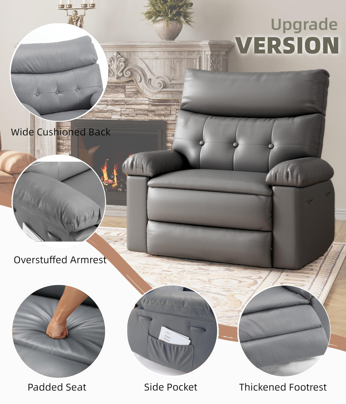 Garvee Oversized Recliner Chair - PU Leather Manual Recliner for Adults, Comfy Reclining Chair with Overstuffed Arms and Back, Side Pocket, Single Sofa for Living Room, Bedroom Garvee