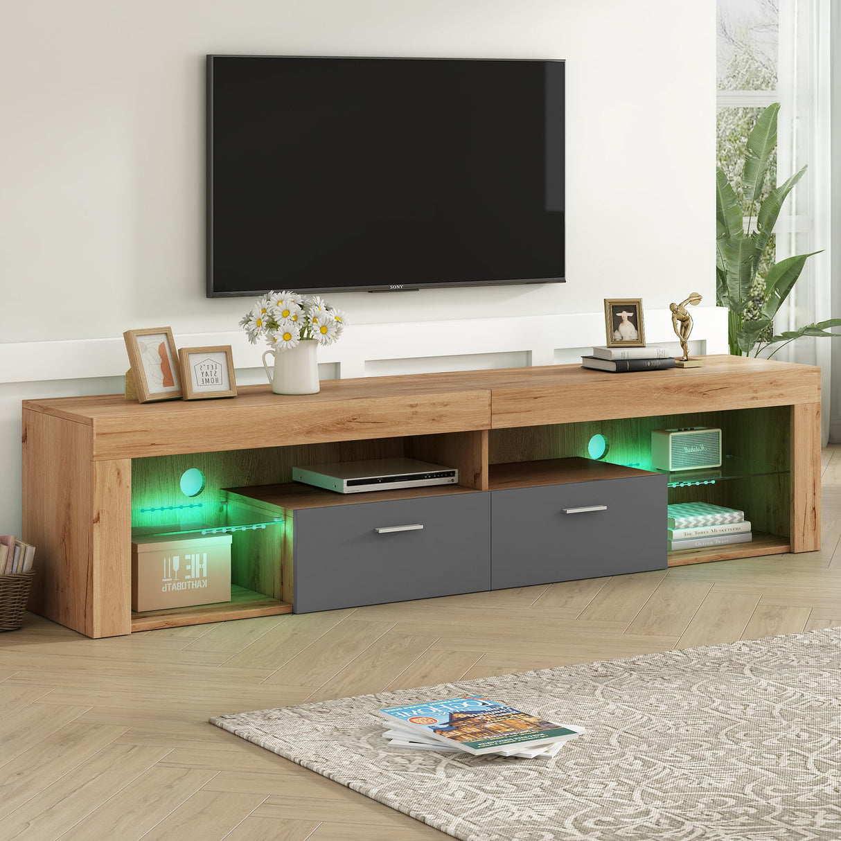 Merax Modern LED TV Stand for TVs Up to 80", 70" Gaming Entertainment Center with Glass Shelves and 2 Doors, TV Console with 16 Dynamic RGB Modes for Living Room, Bedroom Merax