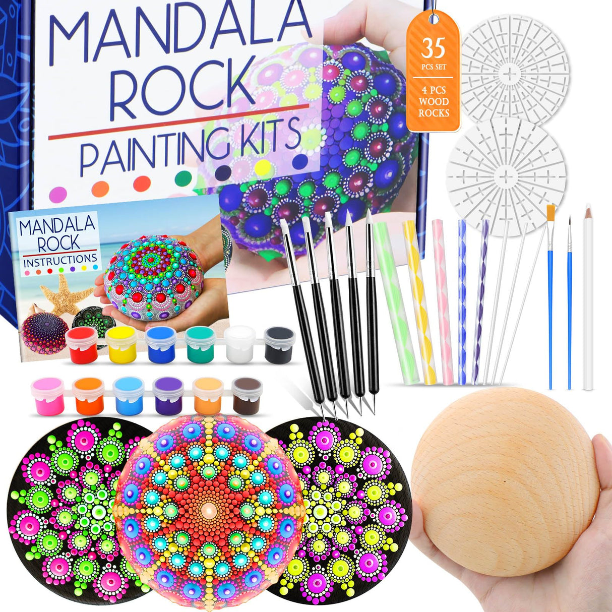 Mandala Rock Painting Arts and Craft Kit for Adults Women - 35 PCS Mandala Dotting Tools Kit - Large Wooden Rocks with Stencils, Acrylic Paints,Dotting Tools - DIY Relaxing and Creative Activity apolyone