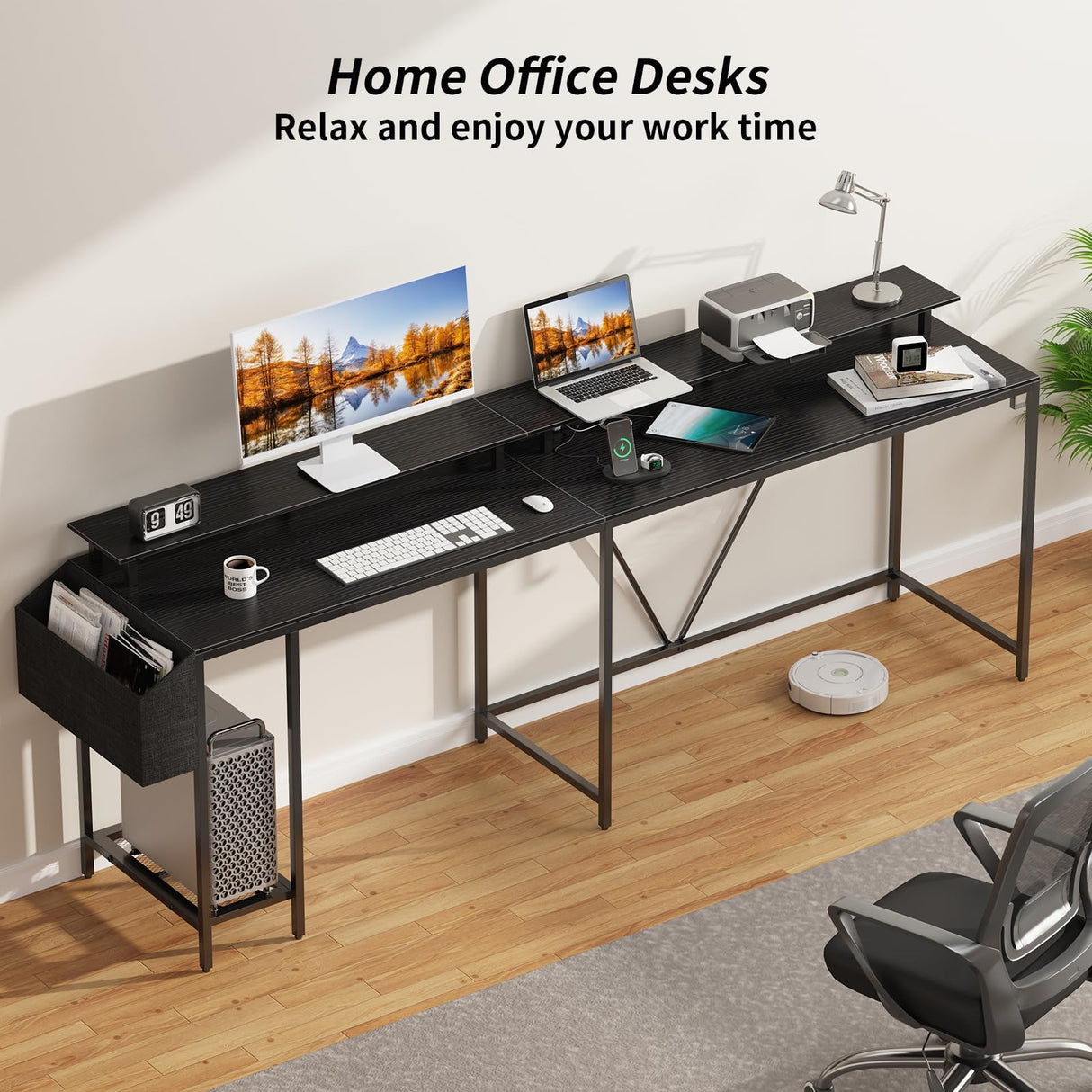 Eivanet L Shaped Gaming Desk with Power Outlets & LED Lights, Computer Desk with Monitor Stand & Storage Shelf, Home Office Desk Corner Desk with Hooks, Easy to Assemble, Black Eivanet
