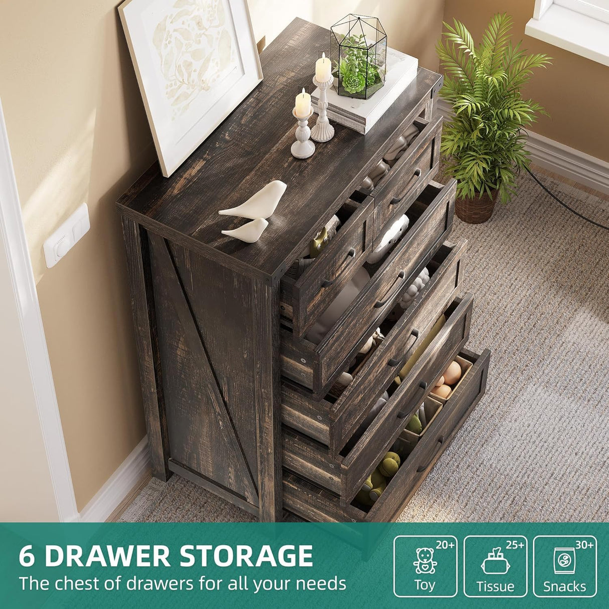 YITAHOME 6 Drawer Dressers, Wood Dressers Chests of Drawers, Modern Dresser with Open Shelf Storage for Room, Entryway, Hallway, Dark Rustic Oak YITAHOME