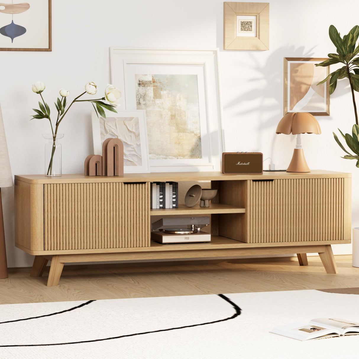 Royal Windsor Modern TV Stand for Living Room,Large TV Table with Fluted Door Cabinets and Open Shelves,Entertainment Center with Storage and TV Mount,Media Console Cabinet with Socket,Wood Grain Royal Windsor