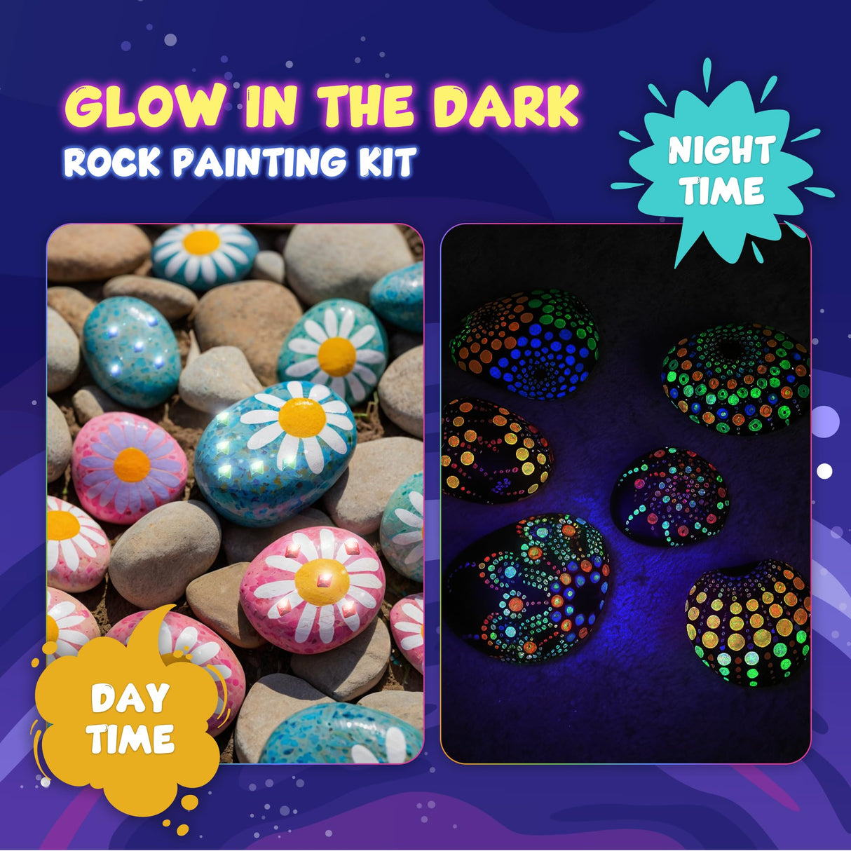 Rock Painting Kit - Glow in The Dark, 60+ Pcs Arts and Crafts Rock Painting kit for Kids 6-12, Art Supplies with Glow & Standard Paints, Outdoor Toys for Boys & Girls Birthday & Easter Gifts WoodArtSupply