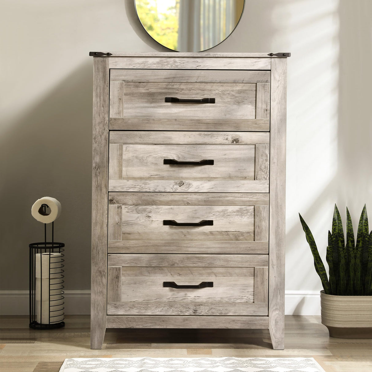 NEDYO Farmhouse 4 Drawer Dresser, Wood Rustic Tall Chest of Drawers, Wooden Dresser Storage Organizer Cabinet for Bedroom Living Room Hallway and Entryway. Light Rustic Oak NEDYO