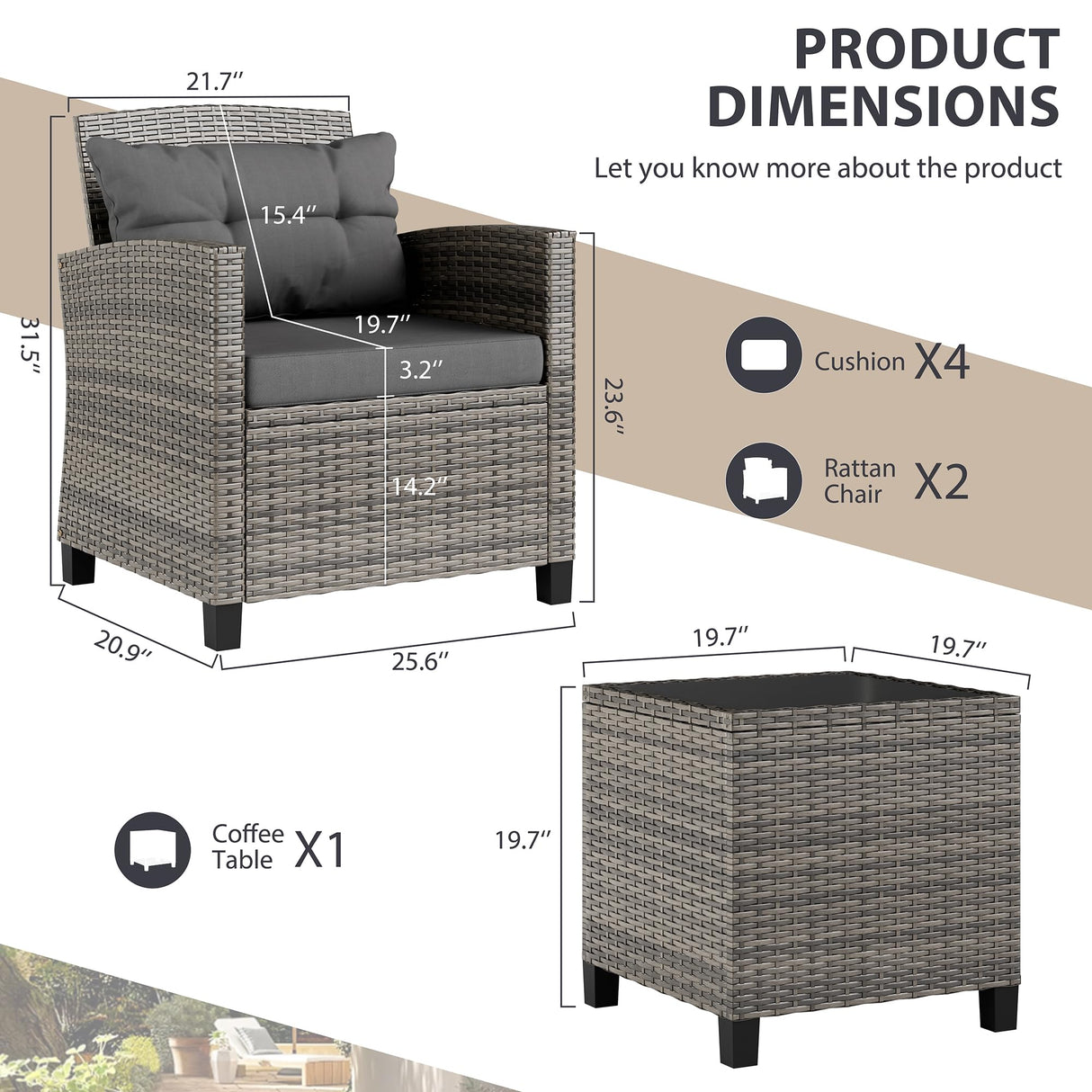 Vongrasig 3 Piece Patio Furniture Set Small Outdoor Wicker Rattan Front Porch Bistro Set Cushioned Patio Chairs Conversation Set with Glass Table for Lawn, Garden, Backyard, Balcony, Poolside (Grey) Vongrasig