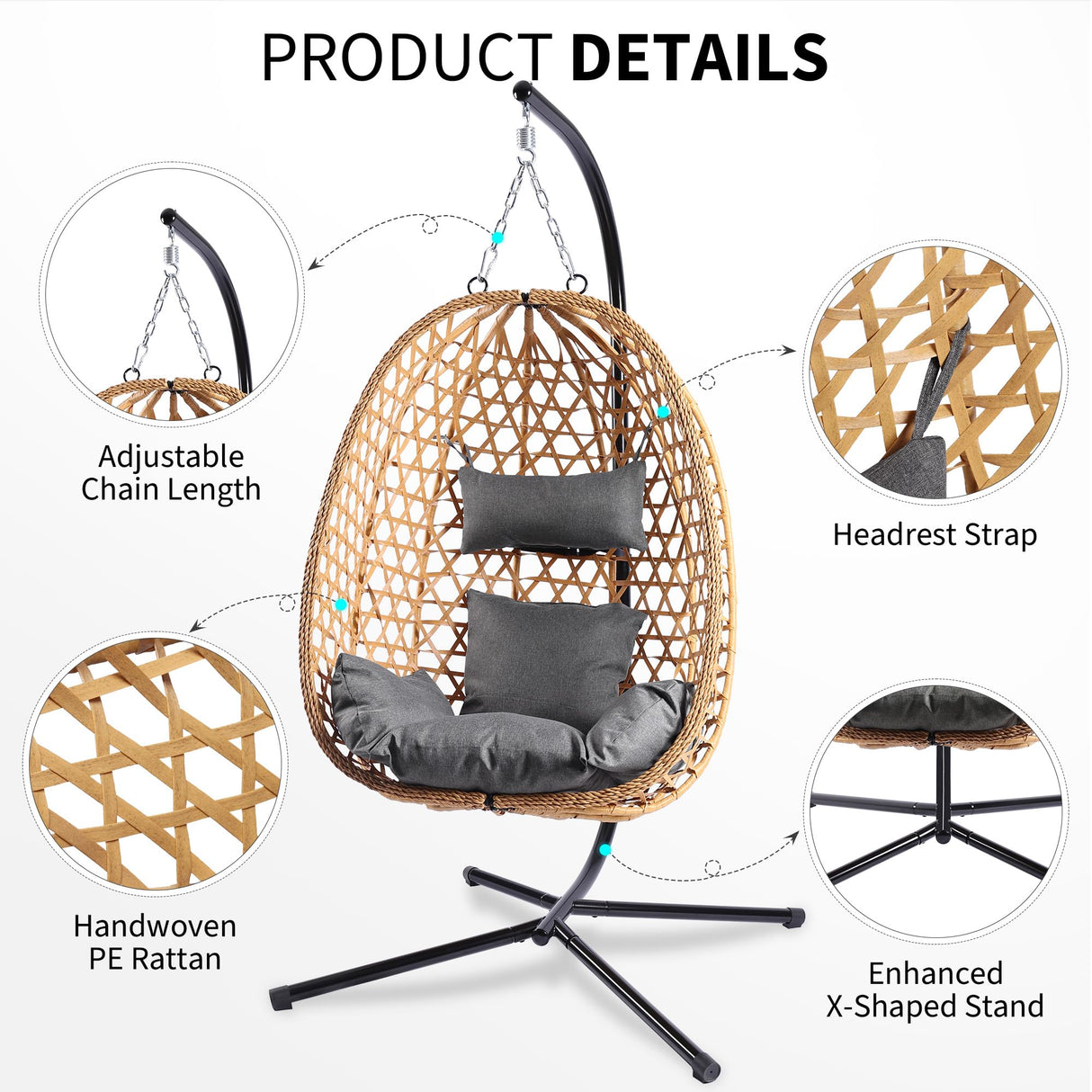 LEX CRAFT Egg Chair with Stand, Patio Wicker Hanging Chair, Hammock Swing Chair, 350LBS Capacity for Bedroom, Balcony, Garden (YE-GR) LEX CRAFT