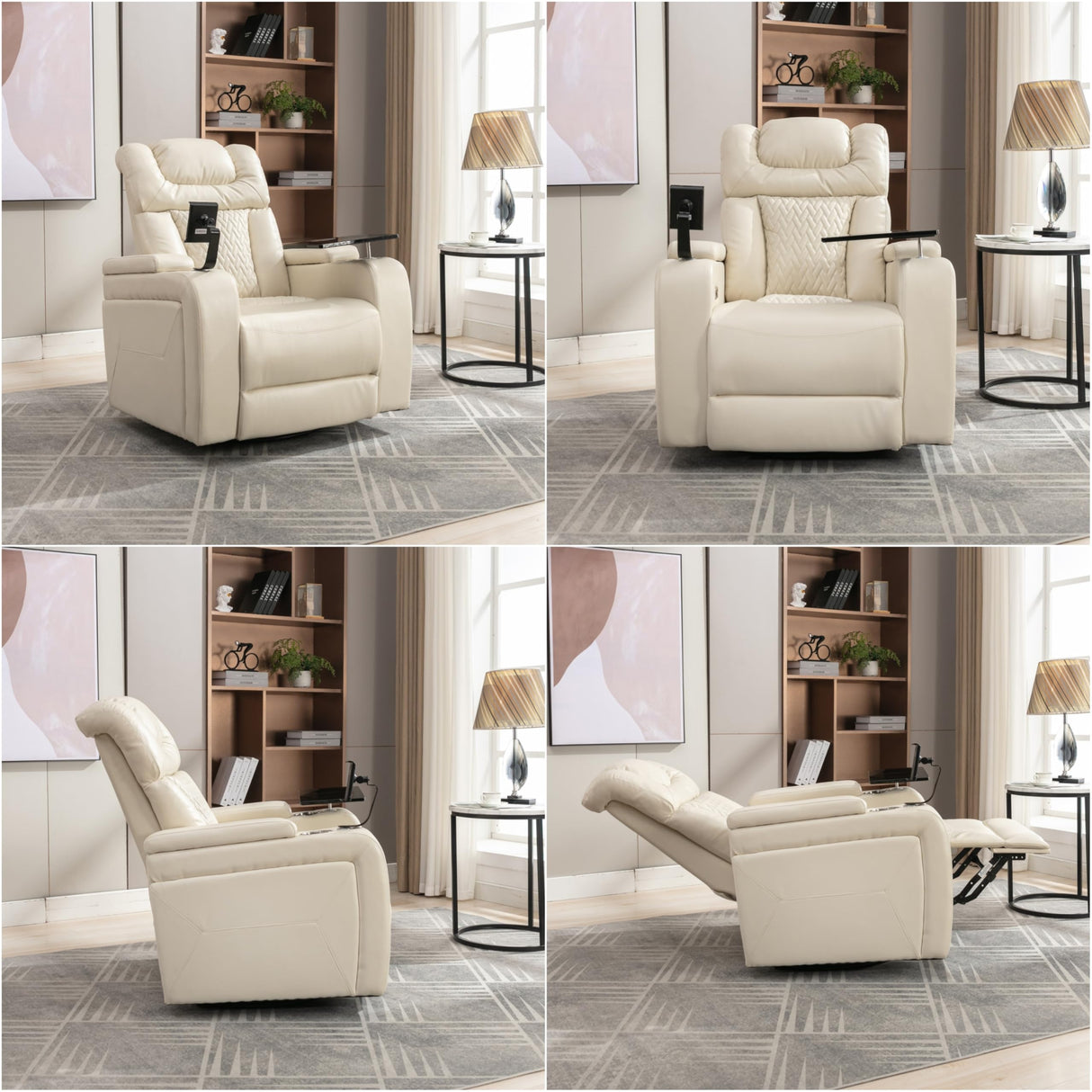 Merax 270 Degree Swivel PU Leather Power Recliner Individual Seat Home Theater Recliner with USB Port, Comforable Backrest, Cup Holder, Removable Tray Table, Hidden Arm Storage for Living Room, White Merax