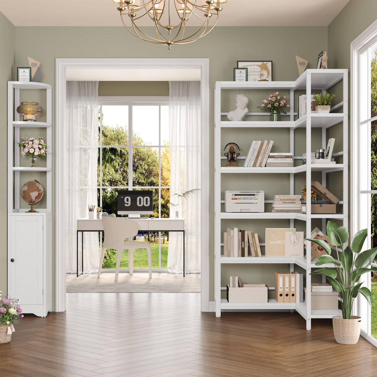 Keyluv 72" Tall Corner Bookshelf with Door, 6-Tier L Shaped Bookshelves and Bookcase with Storage Cabinet, 2 Pieces Individual Convertible Book Shelf, Display Shelf for Home Office Living Room, White Keyluv