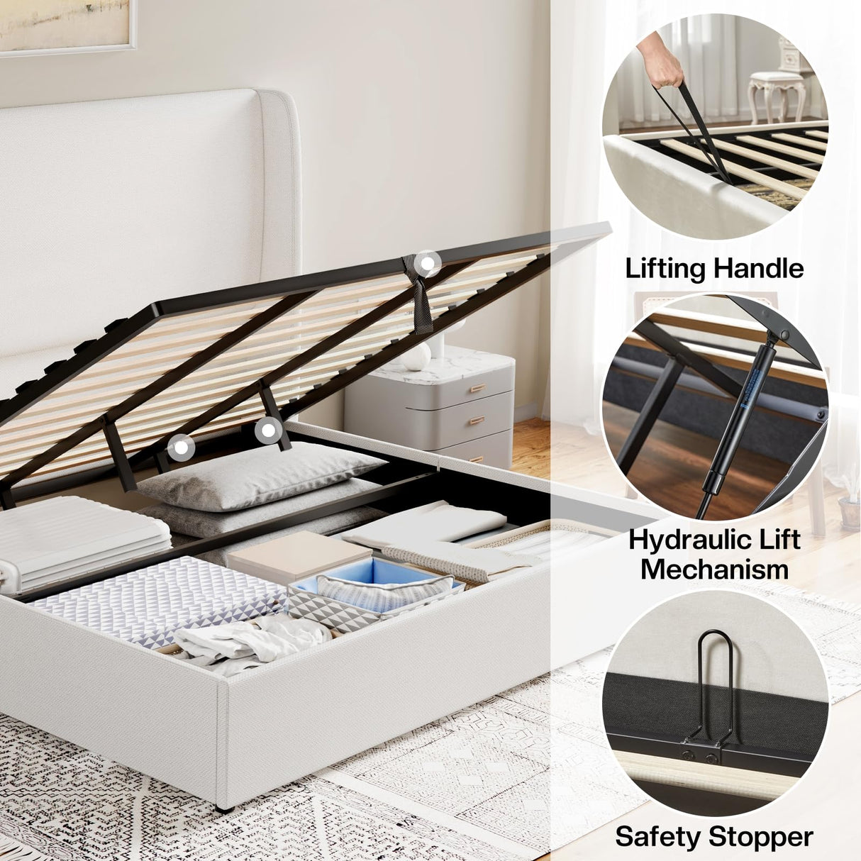 Jocisland King Size Bed Frame with Storage - Upholstered Lift Platform Bed, Wingback Headboard, Hydraulic System, No Box Spring Needed, Wood Slats Support, White Jocisland