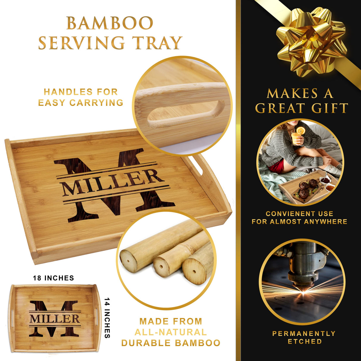 Engraved Wooden Serving Platter Tray with Handles - Personalized and Custom Monogrammed My Personal Memories